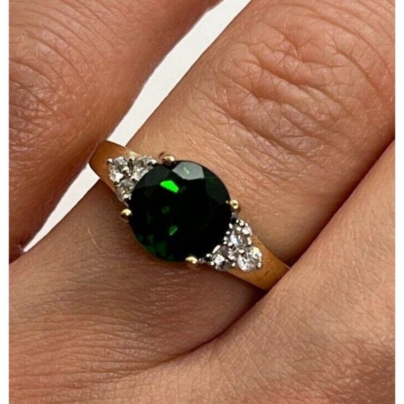 10K YELLOW GOLD RING  WITH EMERALD & DIAMONDS  SIZE 6 - Picture 1 of 9